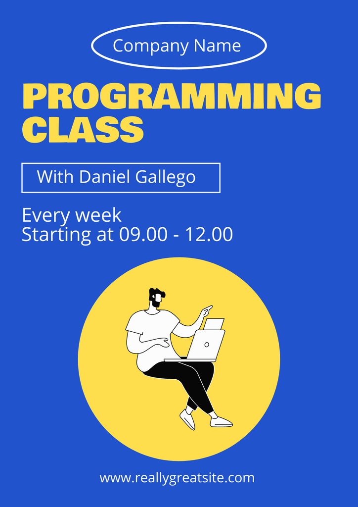Programming Class Ad with Illustration of Man with Laptop Poster Modelo de Design