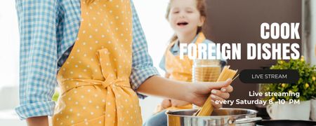 Ontwerpsjabloon van Twitch Profile Banner van Gelukkige moeder en dochter koken buitenlands eten