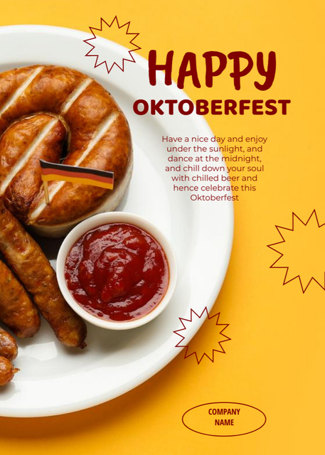 Oktoberfest Celebration Announcement With Food And Ketchup in Yellow Postcard 5x7in Vertical Design Template