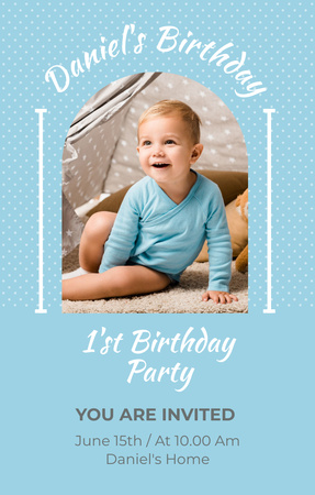 Platilla de diseño Kid's Birthday Celebration on Blue with Cute Little Boy Invitation 4.6x7.2in