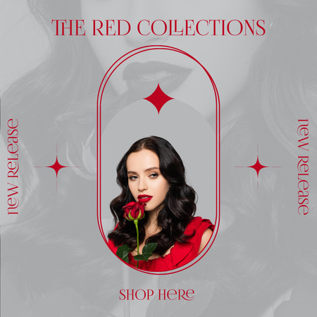 Modèle de visuel Sale Announcement of New Collection with Attractive Brunette with Red Rose - Instagram