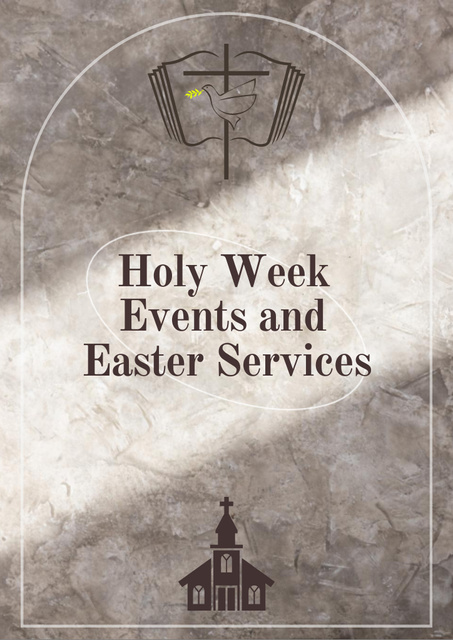 Easter Services Announcement with Illustration of Church and Bible Flyer A4 Πρότυπο σχεδίασης