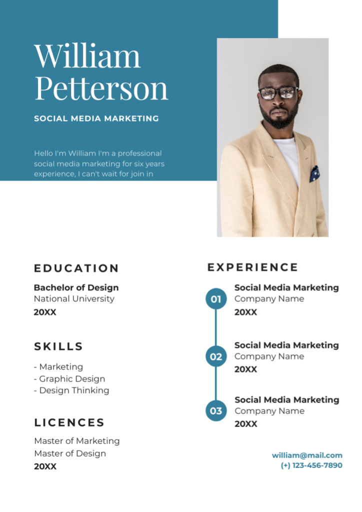Social Media Marketer Skills With Work Experience in Blue Resume Πρότυπο σχεδίασης
