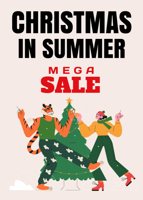 Summer Christmas Sale Announcement with Young Girl and Tiger  Flayer Design Template