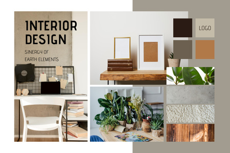 Template di design Interior design beige e marrone con elementi della terra Mood Board