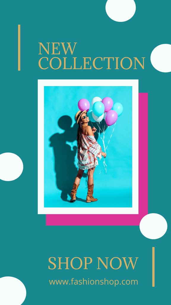 New Collection Ad with Woman holding Bright Balloons Instagram Story Design Template