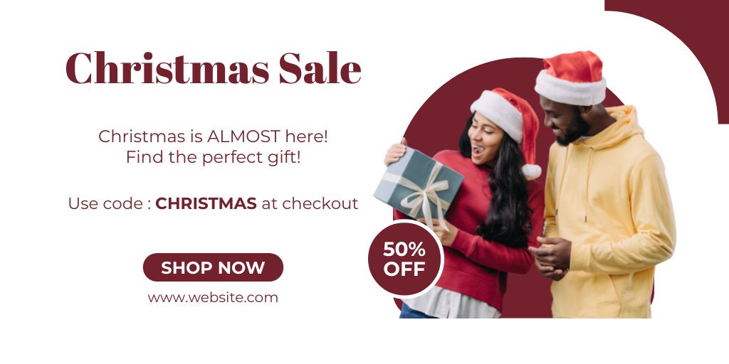 Christmas Sale Offer With Happy Couple Holding Present Twitter Design Template