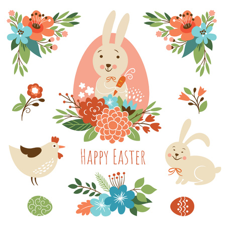 Cartoon Easter bunny with chicken and flowers Animated Post tervezősablon