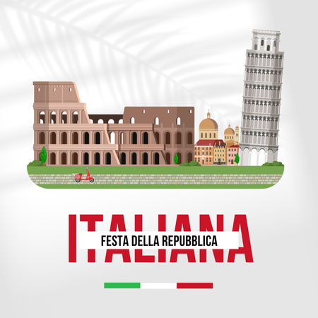Anúncio da celebração do Dia da República na Itália com o Coliseu e a Torre Inclinada de Pisa Instagram Modelo de Design