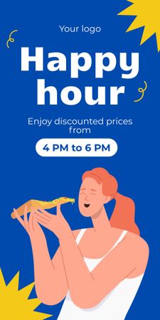 Plantilla de diseño de Promoción de Happy Hour con ilustración de una mujer comiendo Graphic 