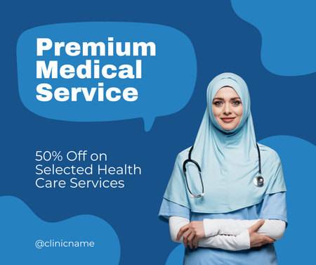 Platilla de diseño Offer of Premium Medical Services with Doctor Facebook