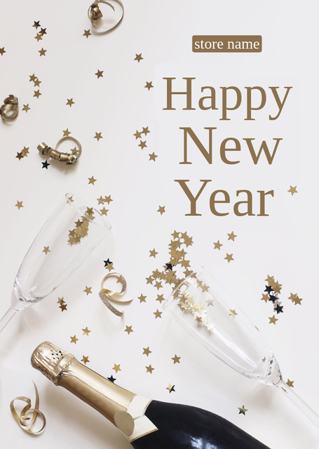 New Year Greeting with Champagne Bottle Postcard A6 Vertical – шаблон для дизайна