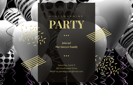 Szablon projektu Balloons and Confetti for Party in Black Invitation 4.6x7.2in Horizontal