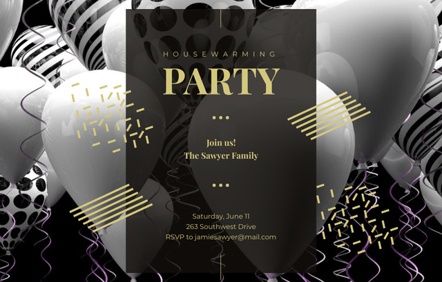 Awesome Balloons and Confetti for Party in Black Invitation 4.6x7.2in Horizontal Design Template