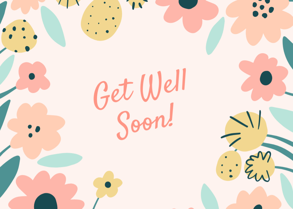 Get Well Soon Wish With Bright Illustrated Flowers Postcard 5x7in Design Template