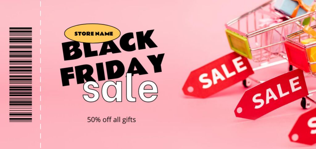 Black Friday Sale with Gifts in Shopping Cart Coupon Din Large Πρότυπο σχεδίασης