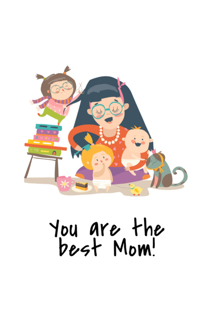 Cute Illustration with Mother and Little Children Postcard 4x6in Vertical Šablona návrhu