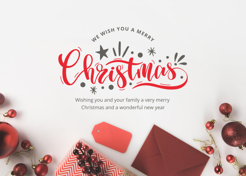 Christmas And New Year Wishes With Baubles and Decor Postcard 5x7in – шаблон для дизайна