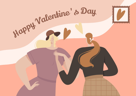 Happy Valentine's Day Greetings With Lesbian Couple Card Design Template