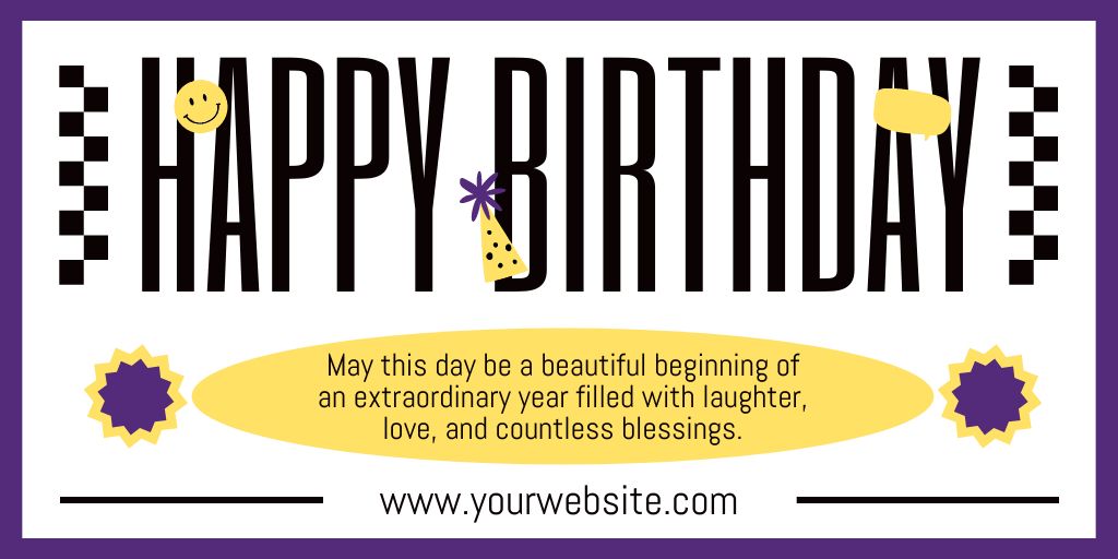 Happy Birthday Text on Yellow and Purple Twitter Modelo de Design