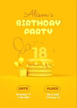 Birthday Party Invitation with Bright Yellow Festive Cake Flyer A6 Šablona návrhu