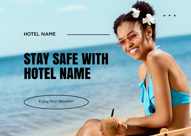 Beach Hotel Advertisement with Beautiful Woman on Coastline Flyer A6 Horizontal Design Template