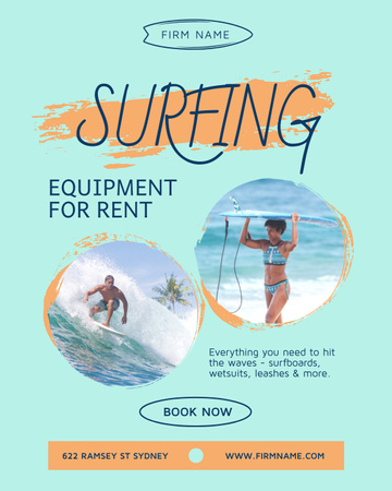 Modèle de visuel Surfing Equipment Rent Offer with People on Ocean Beach - Poster 16x20in