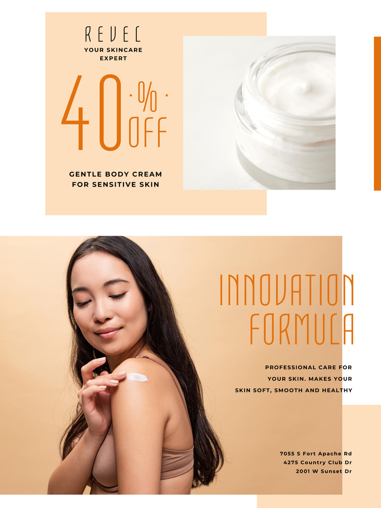 Designvorlage Hydrating Cosmetics At Discounted Rates with Woman Applying Cream für Poster 36x48in