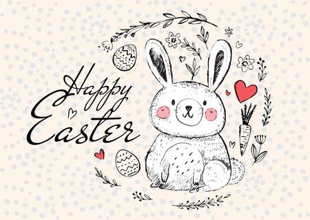 Template di design Auguri di buona Pasqua con coniglietto carino in ghirlanda Postcard
