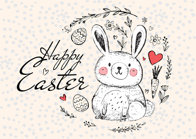 Happy Easter Greeting with Cute Bunny in Wreath Postcard Design Template