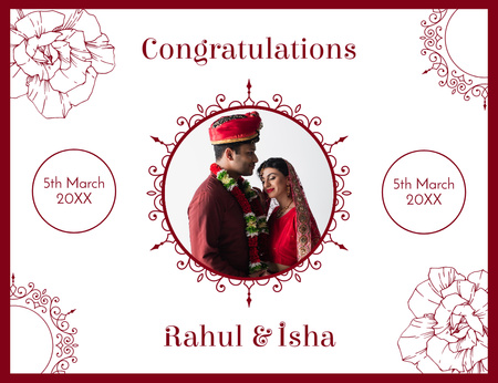 Wedding Congratulations Message with Indian Married Couple Thank You Card 5.5x4in Horizontal Design Template