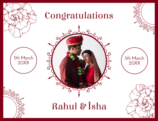Wedding Greetings to Indian Couple Thank You Card 5.5x4in Horizontal Tasarım Şablonu