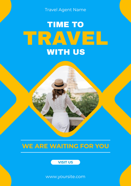 Designvorlage Blue and Yellow Offer of Travel Agency für Poster