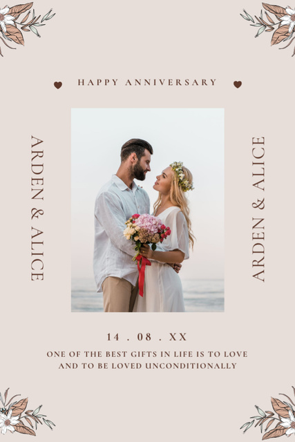 Happy Newlyweds on Beige Wedding Anniversary Postcard 4x6in Vertical Design Template