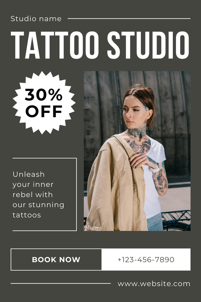 Szablon projektu Stylish Tattoo Studio With Booking And Discount Offer Pinterest