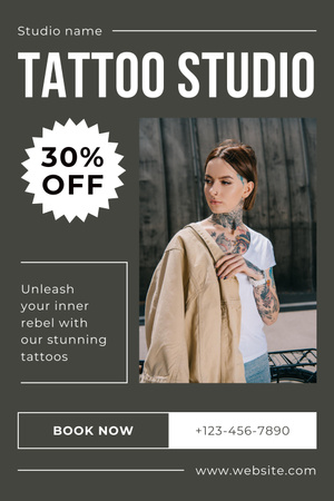 Ontwerpsjabloon van Pinterest van Stijlvolle tattoo-studio met boekings- en kortingsaanbieding