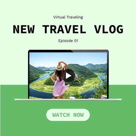 Modèle de visuel Nouvelle promotion d'épisode de voyage Vlog en vert avec des montagnes - Instagram