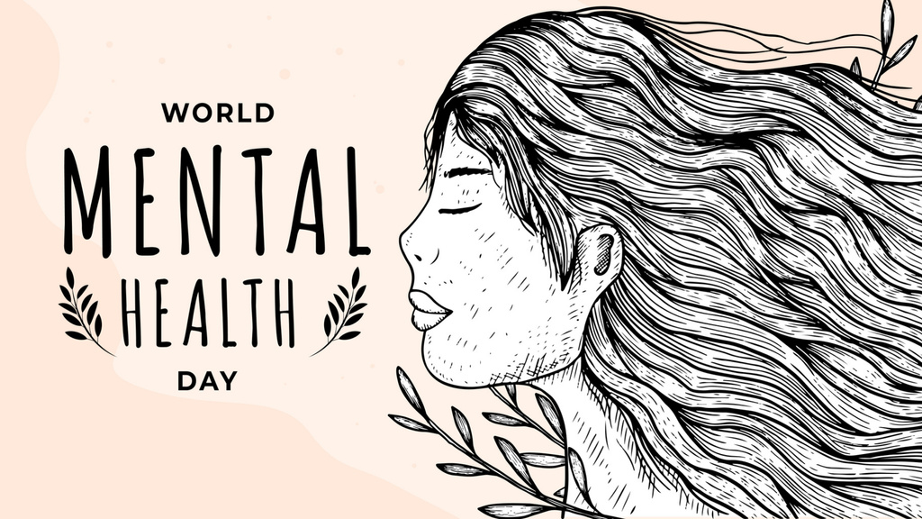 World Mental Health Day with Woman Profile Sketch Zoom Background Modelo de Design