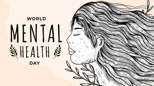 World Mental Health Day with Woman Profile Sketch Zoom Background Design Template