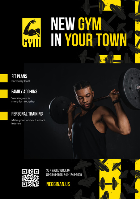 Platilla de diseño Newly Opened Gym In Town Promotion With Barbell Poster