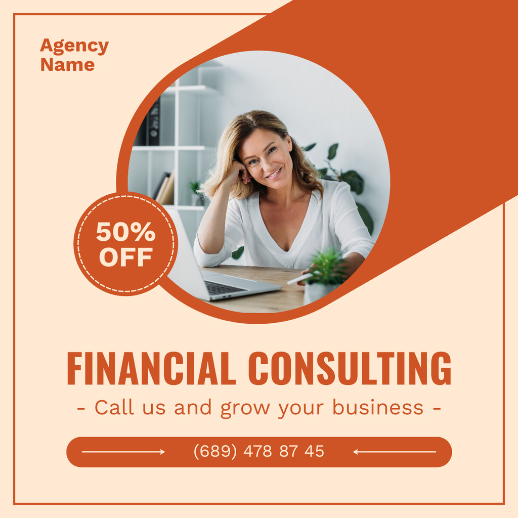 Services Offer of Financial Consulting with Smiling Businesswoman LinkedIn postデザインテンプレート