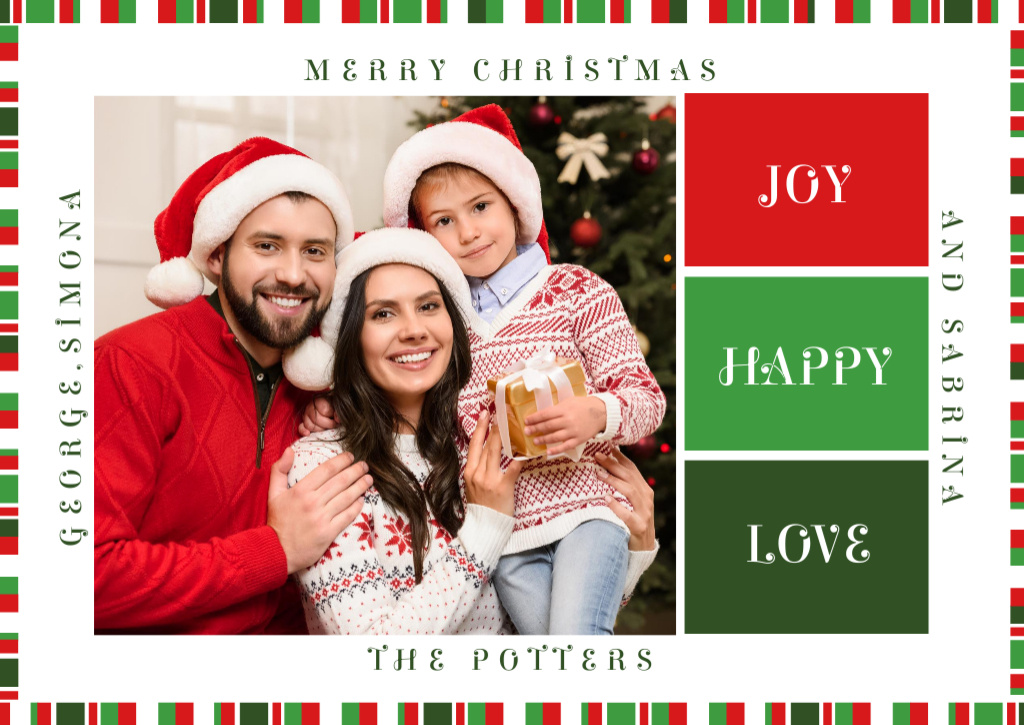 Merry Christmas Greeting with Family with Presents Postcard Design Template