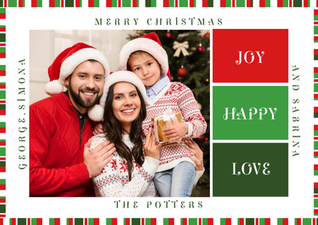 Merry Christmas Greeting Family with Presents Postcard Design Template