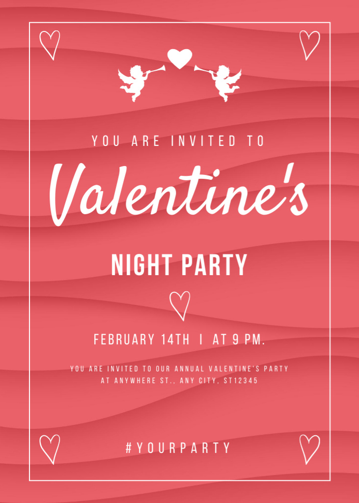 Valentine's Night Party Announcement with Cupids and Hearts Invitation Tasarım Şablonu