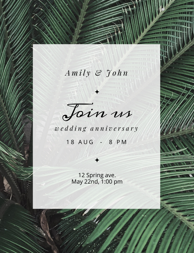 Wedding Anniversary Announcement with Palm Leaves Invitation 13.9x10.7cm Design Template