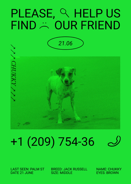 Vivid Green Announcement about Missing Cute Little Dog Flyer A6 tervezősablon