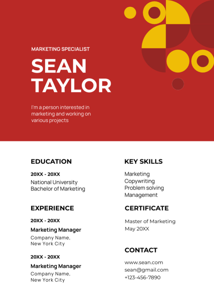 Working Experience in Marketing Resume Design Template