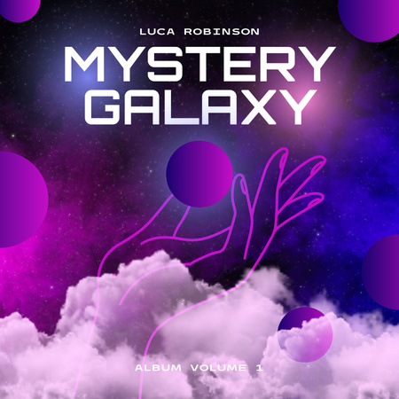 Modèle de visuel Espace violet avec main, planètes, nuages et gros titre blanc - Album Cover