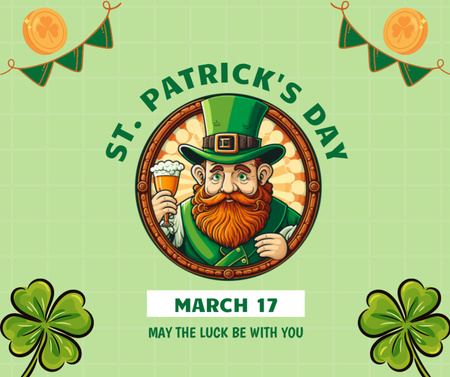 Patrick's Day Greeting with Bearded Man and Green Clovers Facebook Design Template
