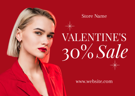 Valentine's Day Discount Offer with Attractive Blonde Woman in Red Card Design Template